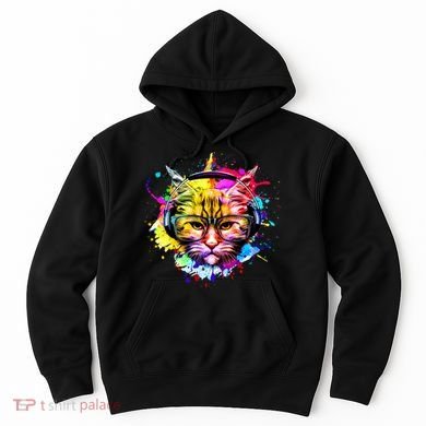 Rainbow Paint Hipster DJ Cat Hoodie