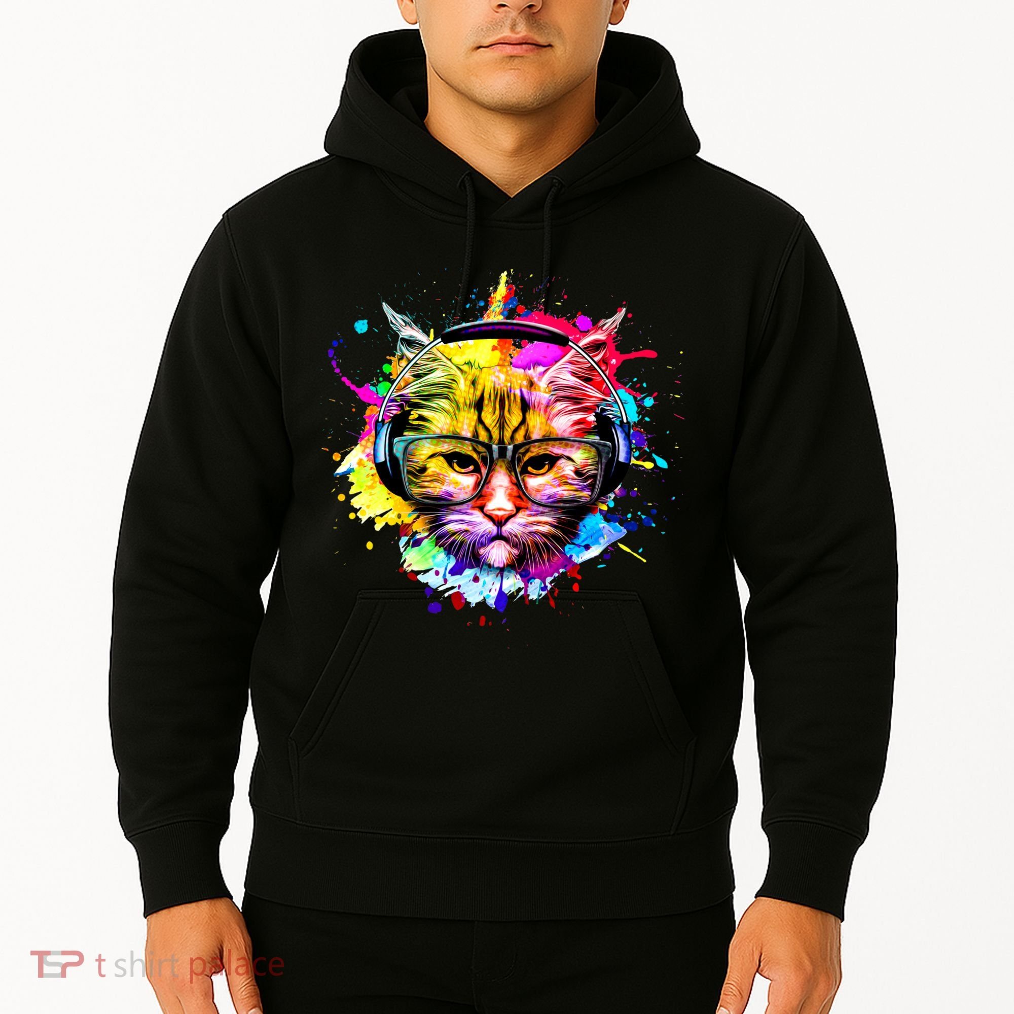 Rainbow Paint Hipster DJ Cat Hoodie