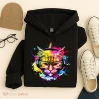Rainbow Paint Hipster DJ Cat Hoodie thumb 4