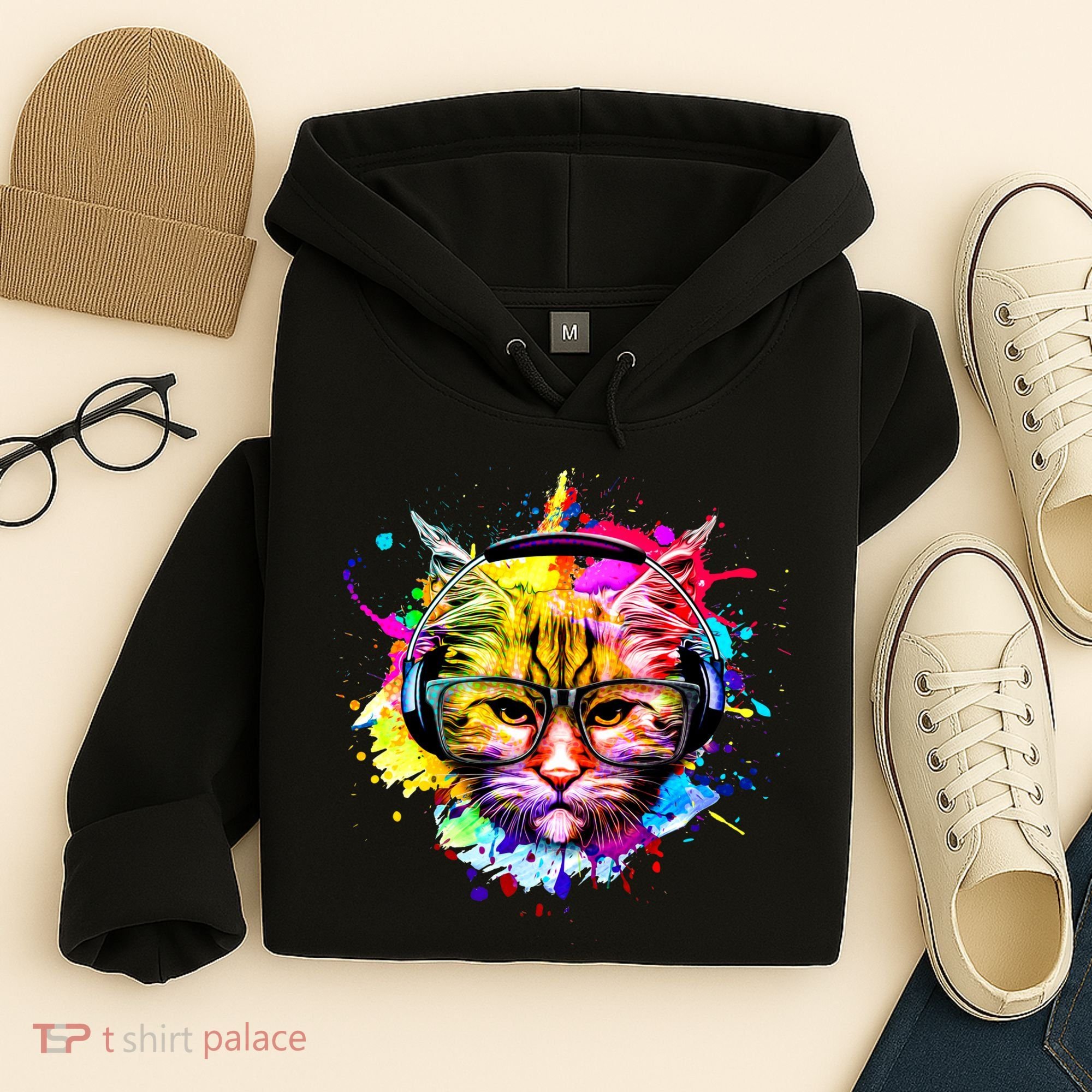 Rainbow Paint Hipster DJ Cat Hoodie