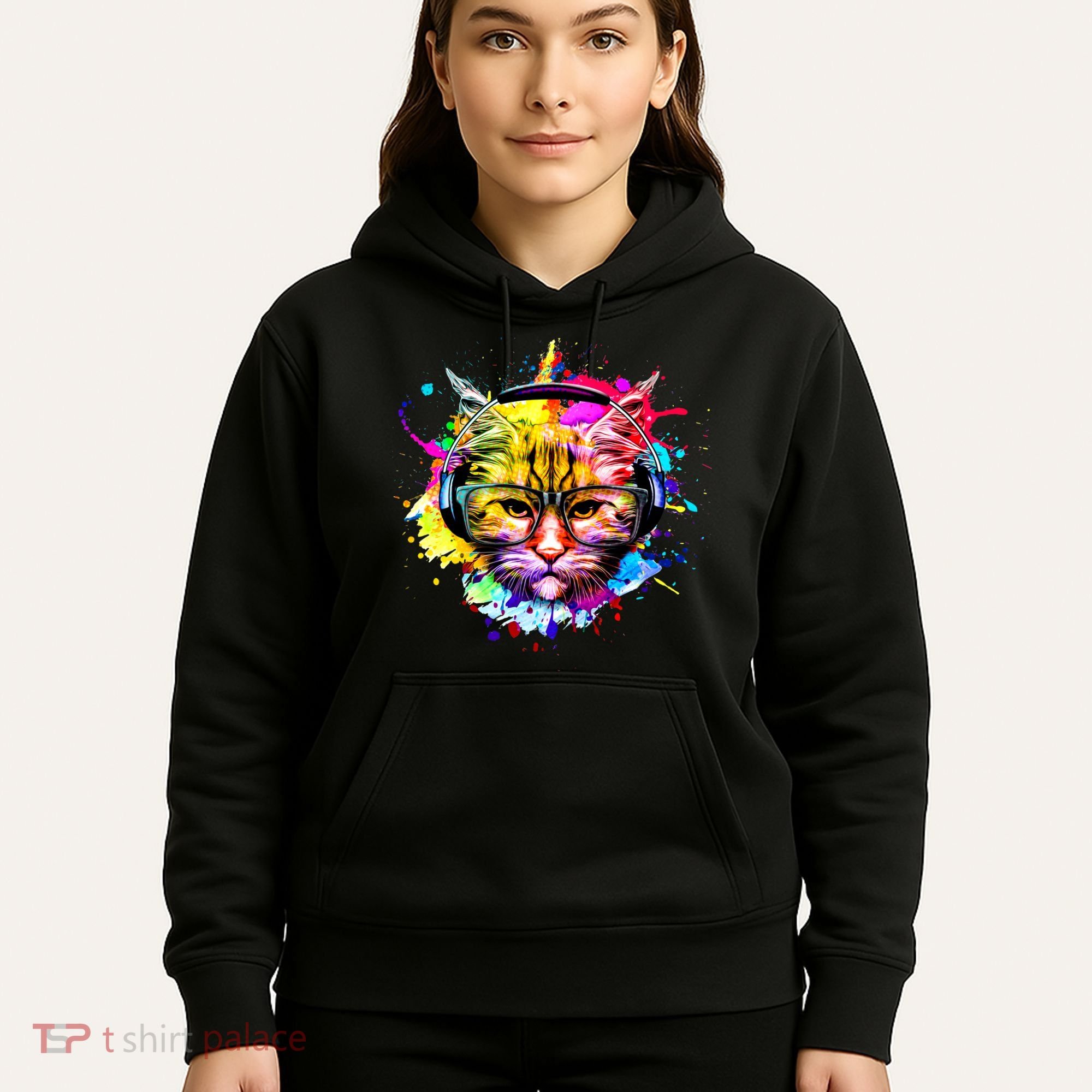 Rainbow Paint Hipster DJ Cat Hoodie