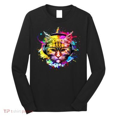Rainbow Paint Hipster DJ Cat Long Sleeve Shirt