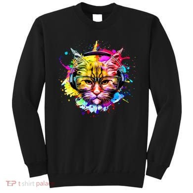 Rainbow Paint Hipster DJ Cat Sweatshirt