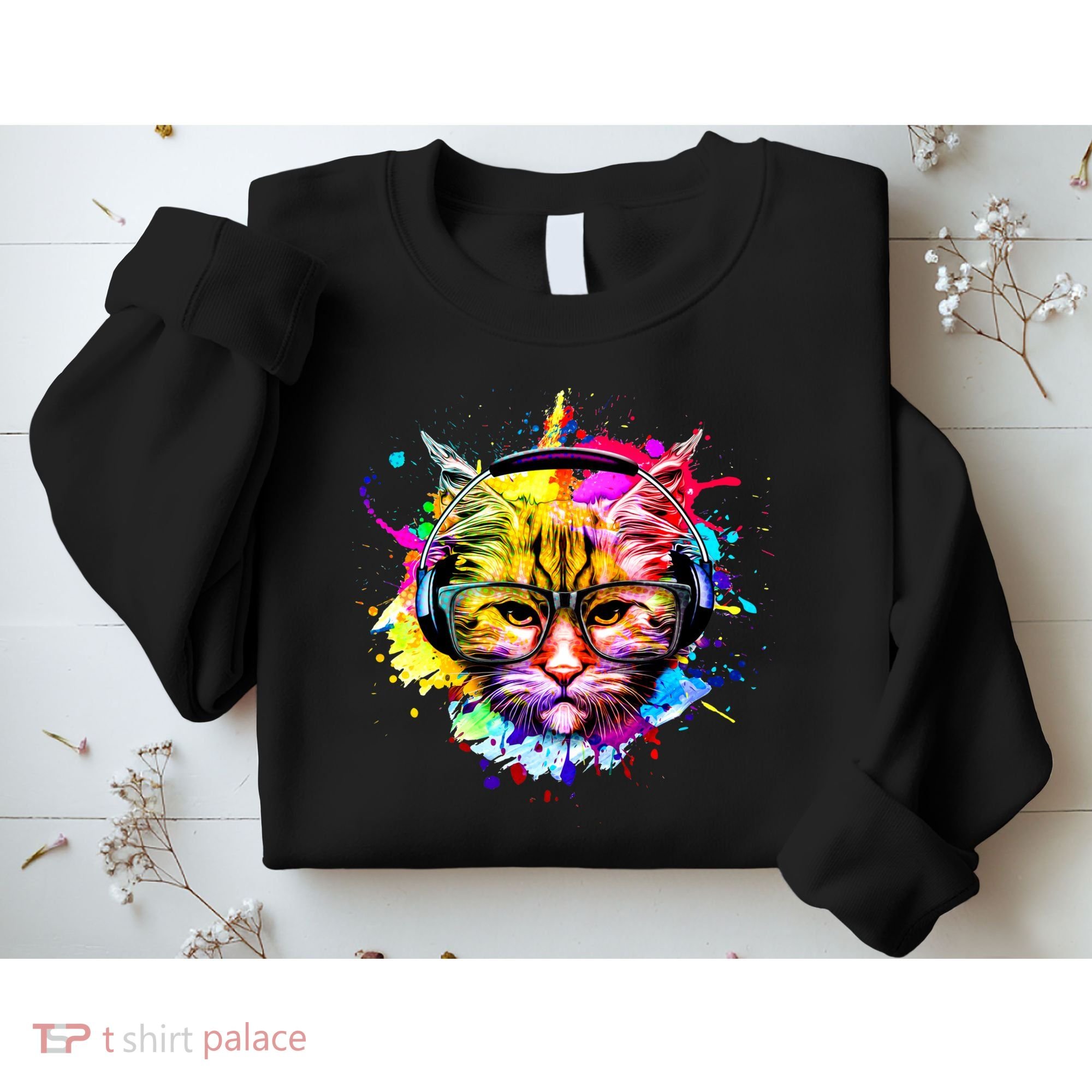Rainbow Paint Hipster DJ Cat Sweatshirt
