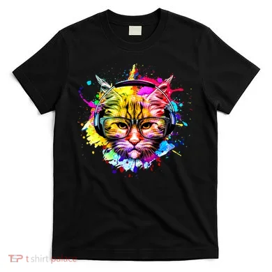 Rainbow Paint Hipster DJ Cat T-Shirt