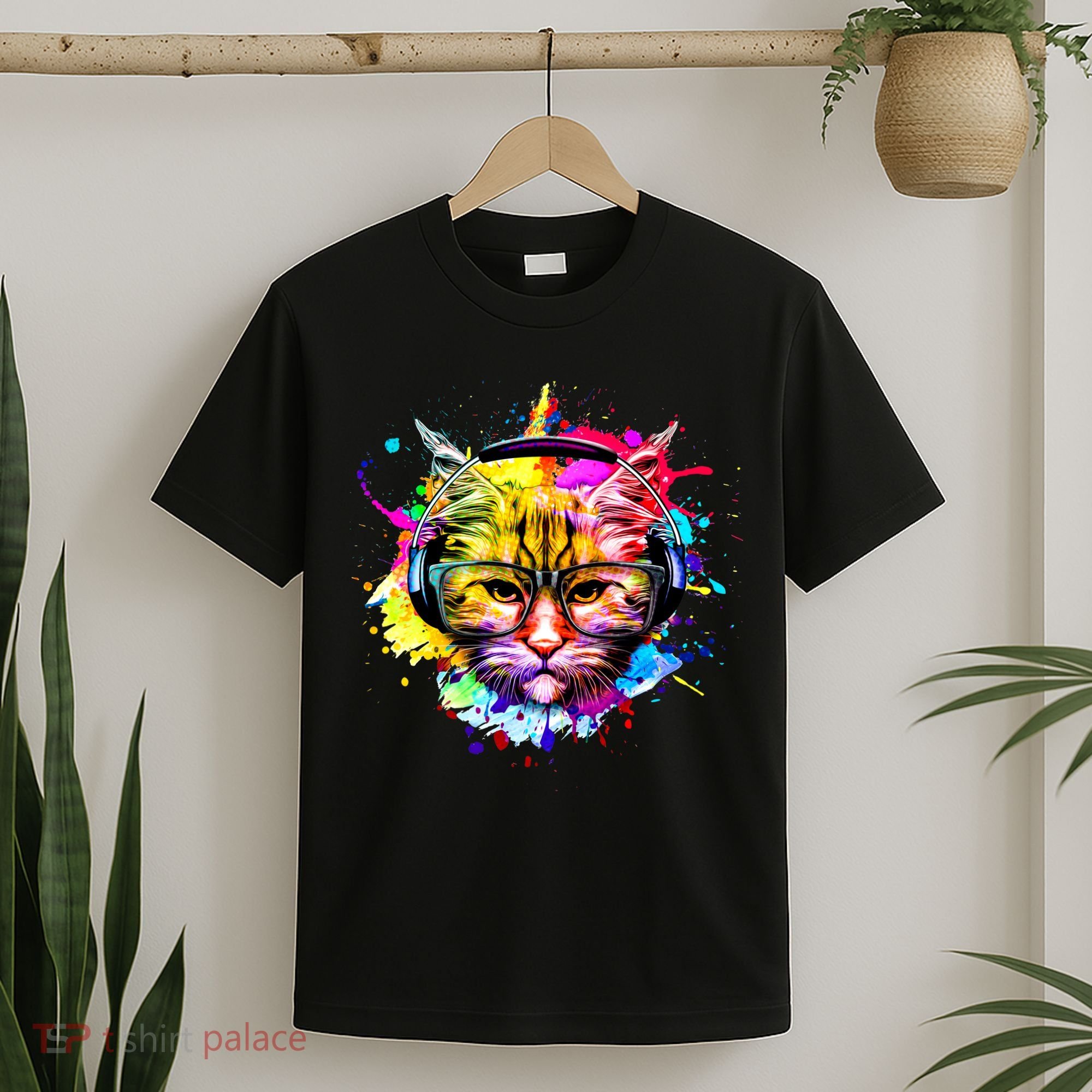Rainbow Paint Hipster DJ Cat T-Shirt