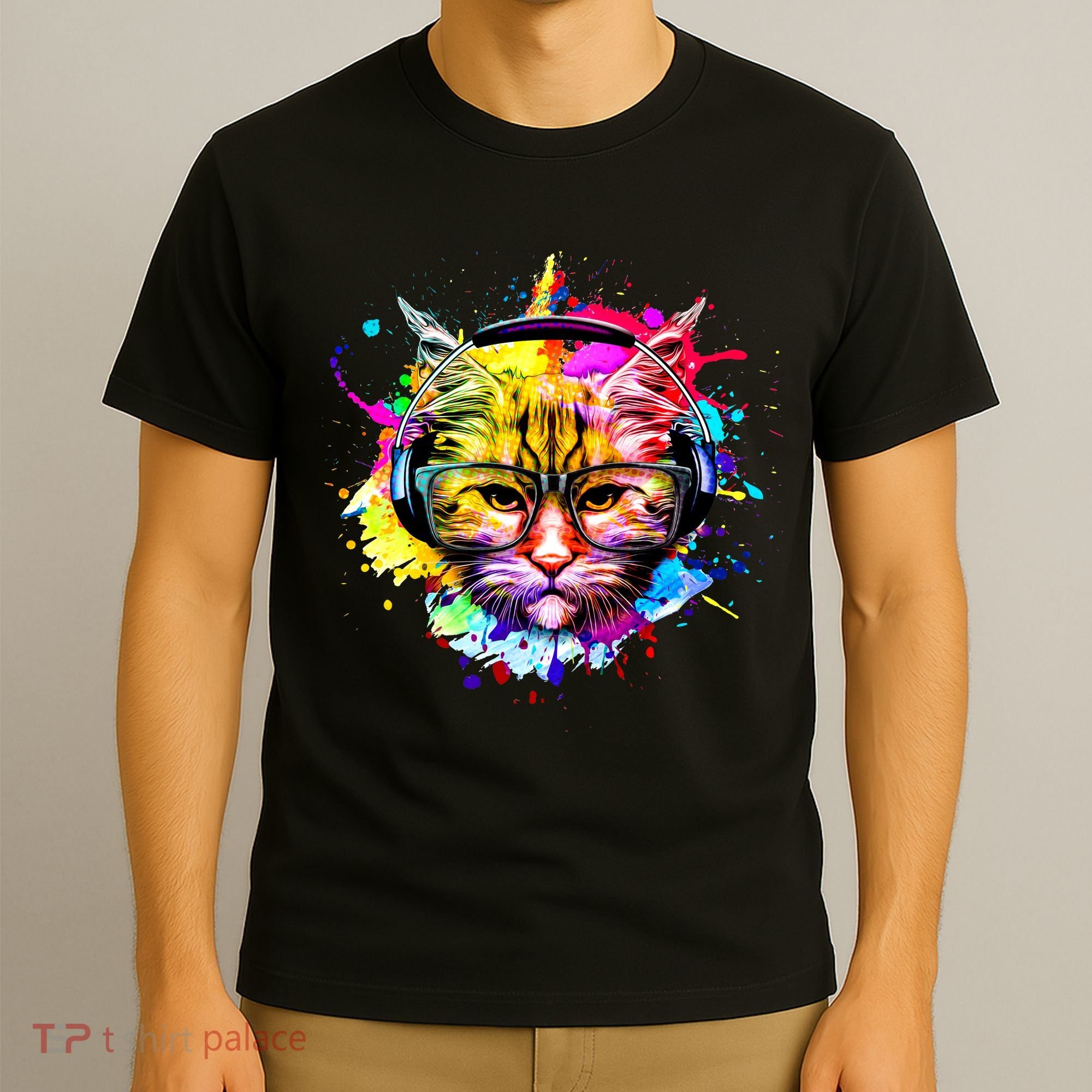 Rainbow Paint Hipster DJ Cat T-Shirt