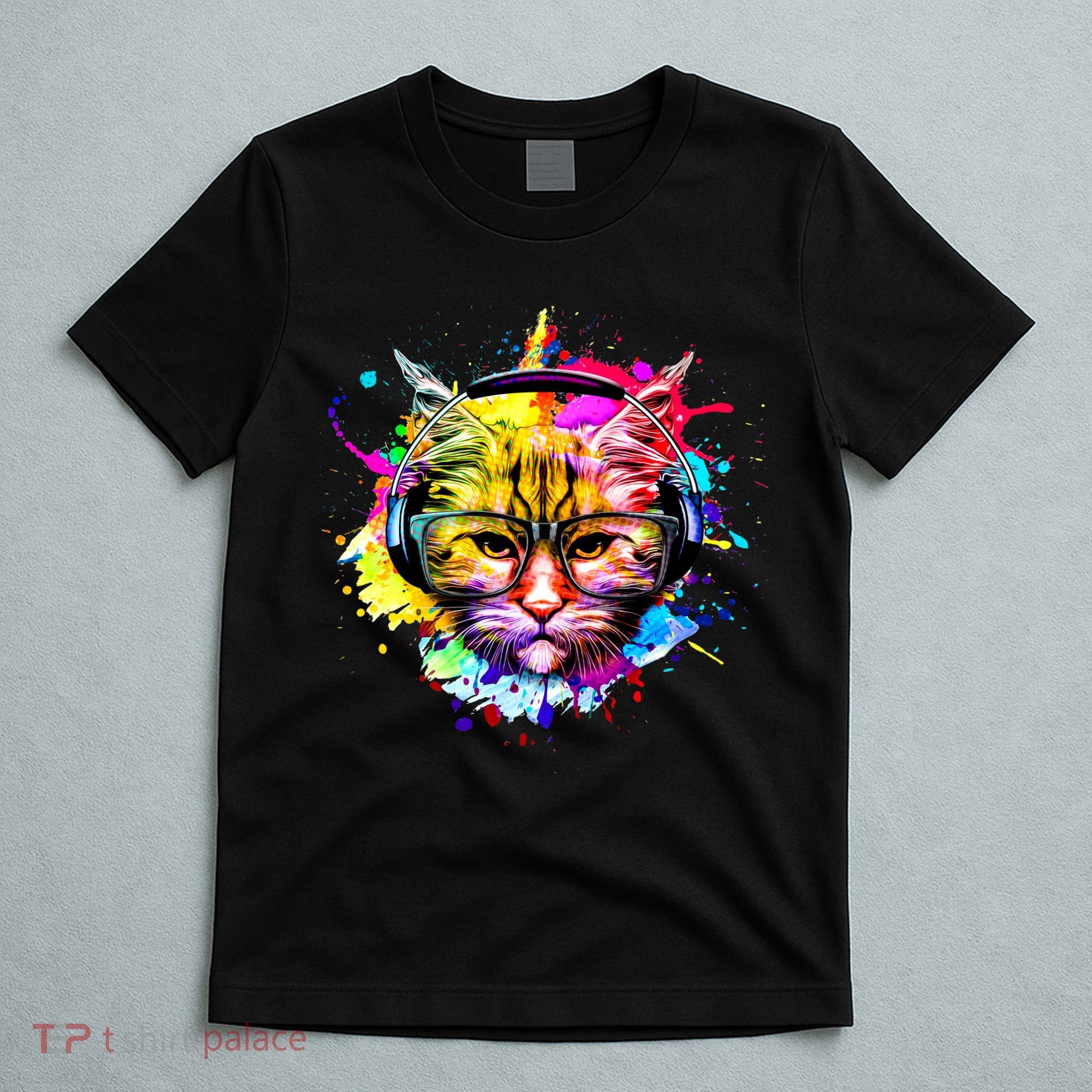 Rainbow Paint Hipster DJ Cat T-Shirt