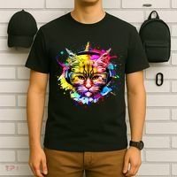 Rainbow Paint Hipster DJ Cat T-Shirt thumb 6