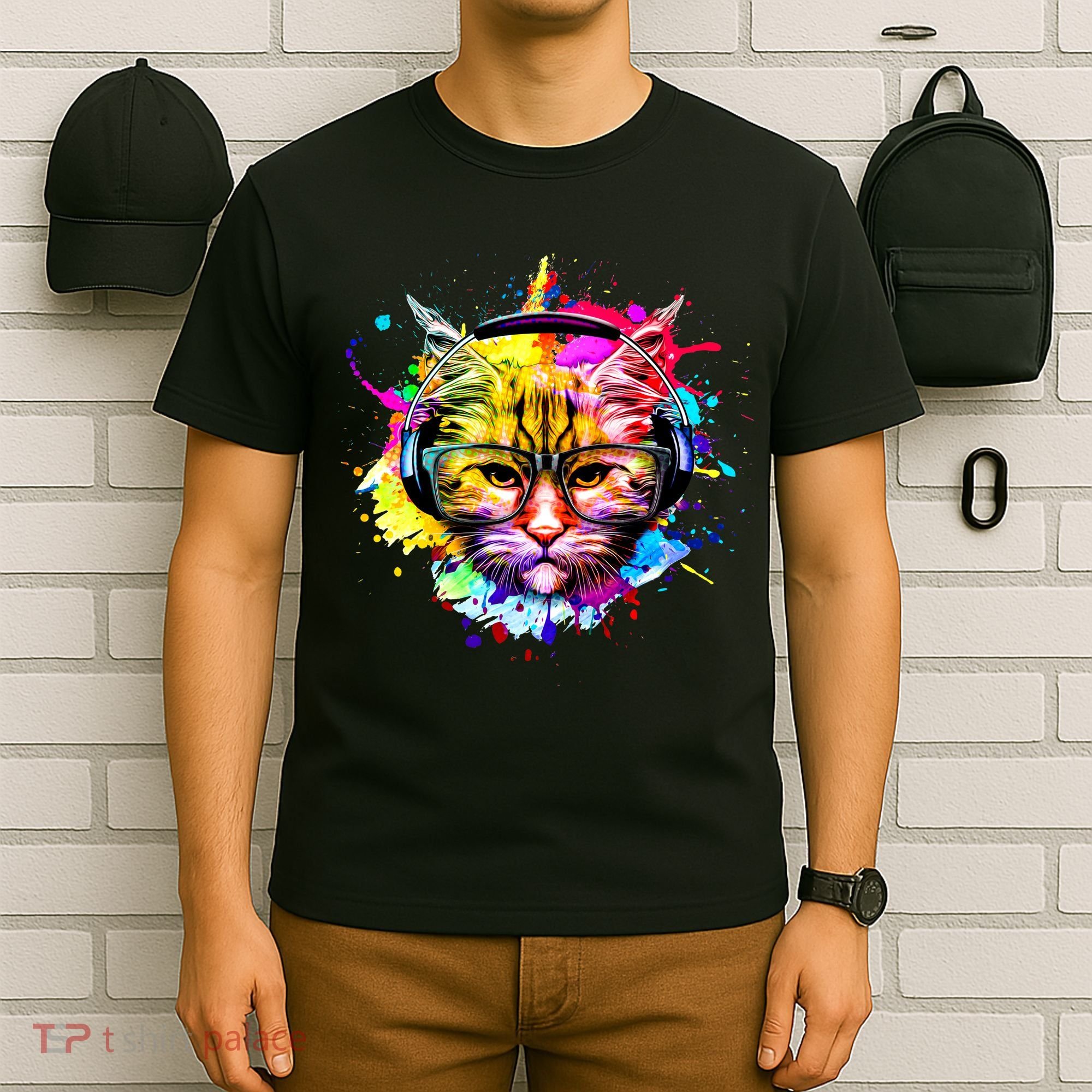 Rainbow Paint Hipster DJ Cat T-Shirt