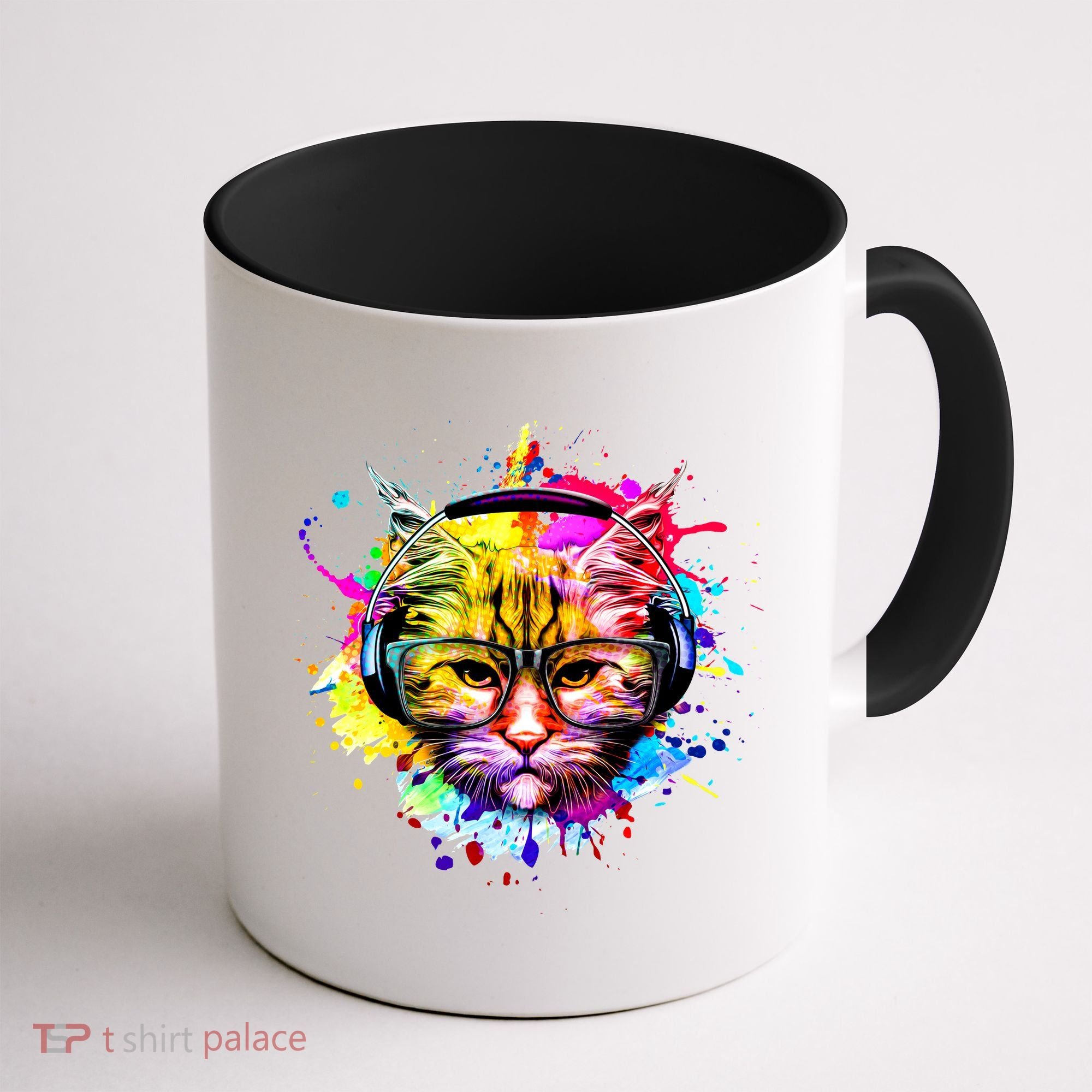 Rainbow Paint Hipster DJ Cat Coffee Mug
