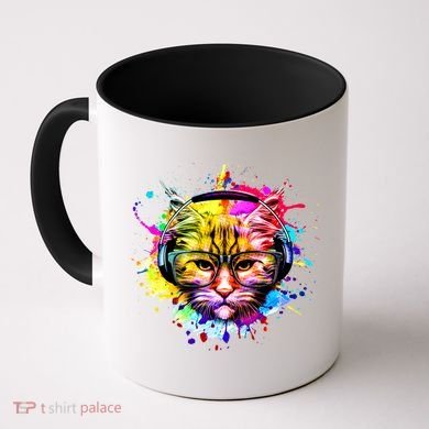 Rainbow Paint Hipster DJ Cat Coffee Mug