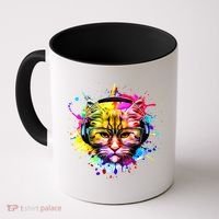 Rainbow Paint Hipster DJ Cat Coffee Mug thumb 0