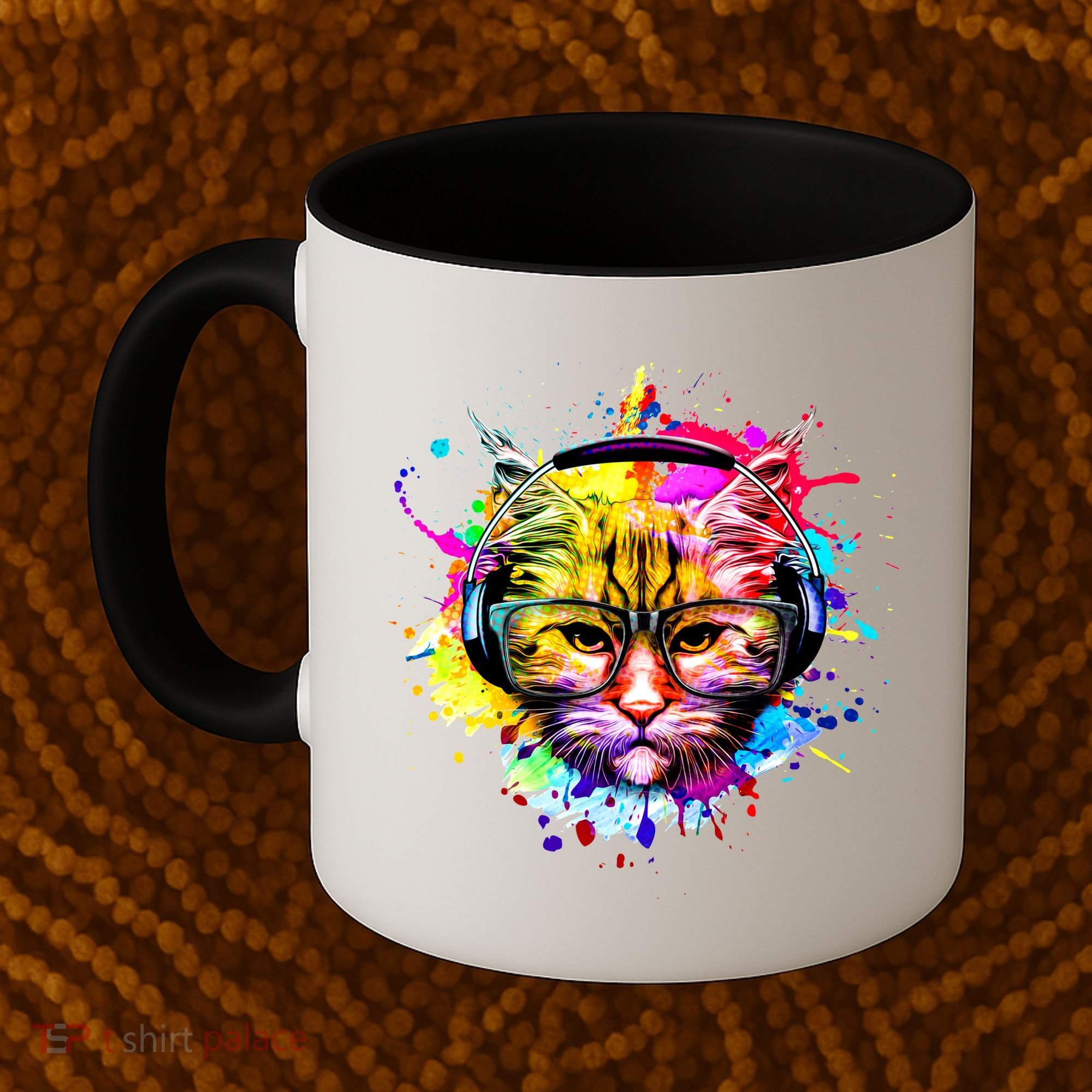 Rainbow Paint Hipster DJ Cat Coffee Mug