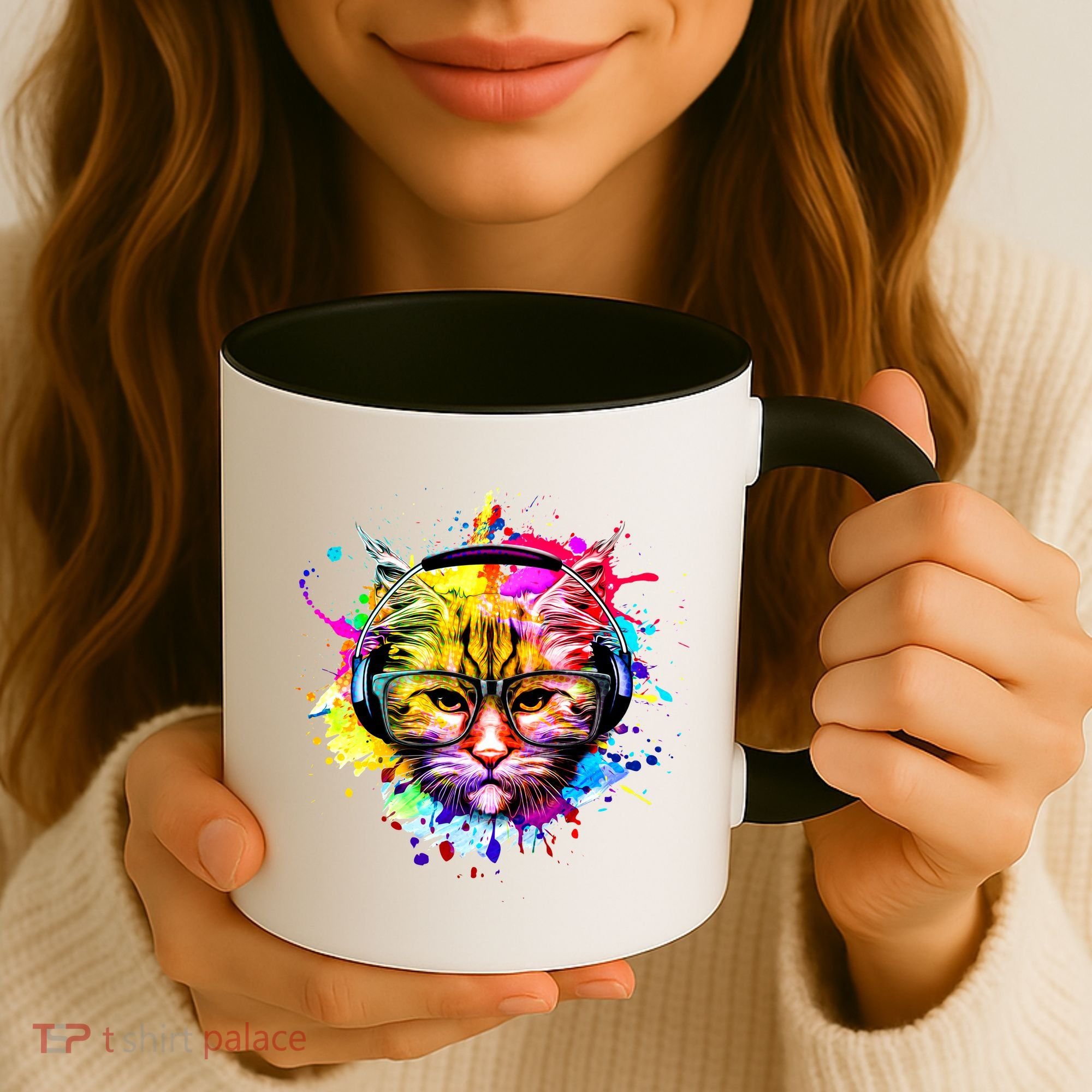 Rainbow Paint Hipster DJ Cat Coffee Mug