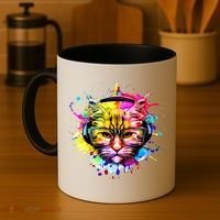 Rainbow Paint Hipster DJ Cat Coffee Mug thumb 4