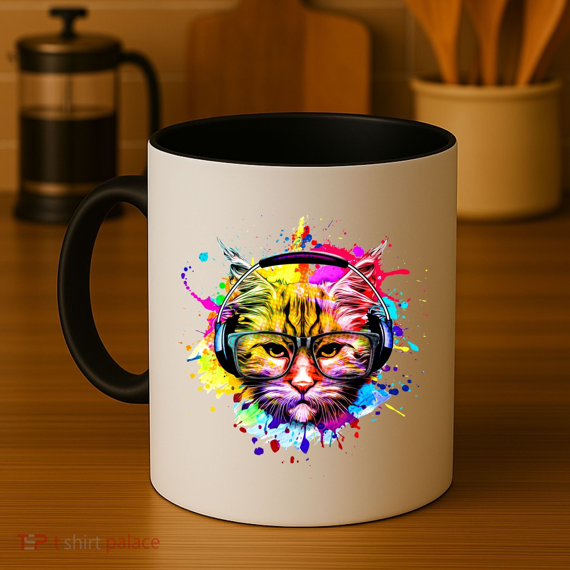 Rainbow Paint Hipster DJ Cat Coffee Mug