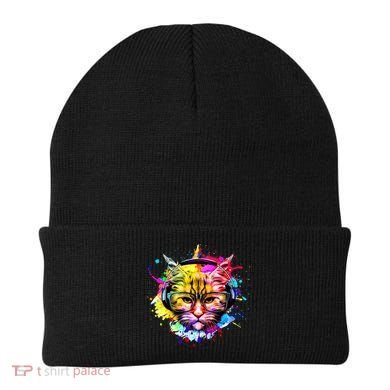 Rainbow Paint Hipster DJ Cat Beanie
