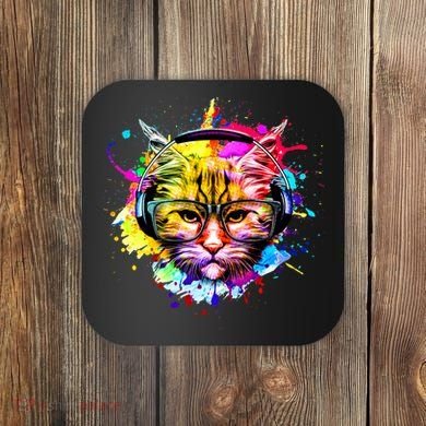 Rainbow Paint Hipster DJ Cat Coaster
