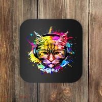 Rainbow Paint Hipster DJ Cat Coaster thumb 0