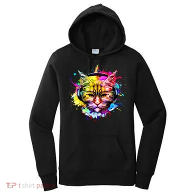 Rainbow Paint Hipster DJ Cat Women's Hoodie