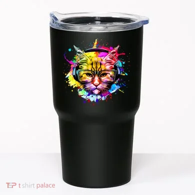 Rainbow Paint Hipster DJ Cat Tumbler