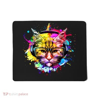 Rainbow Paint Hipster DJ Cat Mousepad