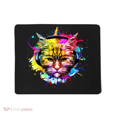 Rainbow Paint Hipster DJ Cat Mousepad