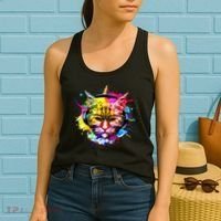 Rainbow Paint Hipster DJ Cat Women's Tank Top thumb 2
