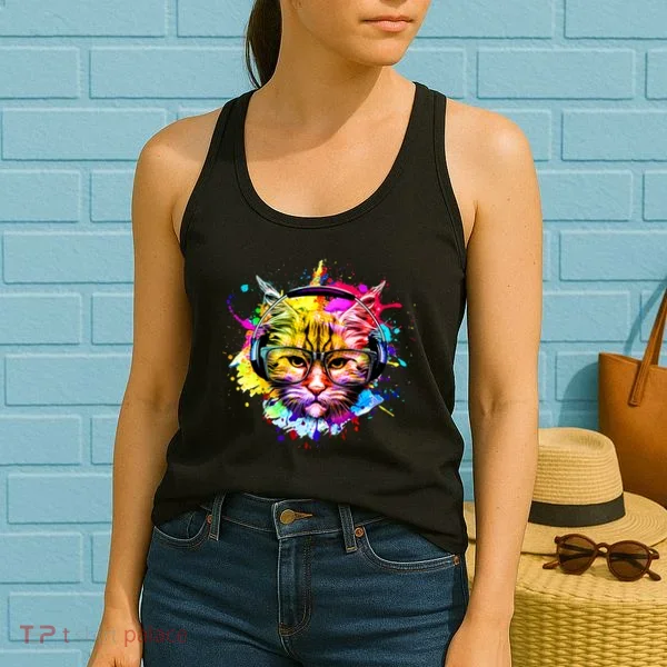 Rainbow Paint Hipster DJ Cat Women's Tank Top