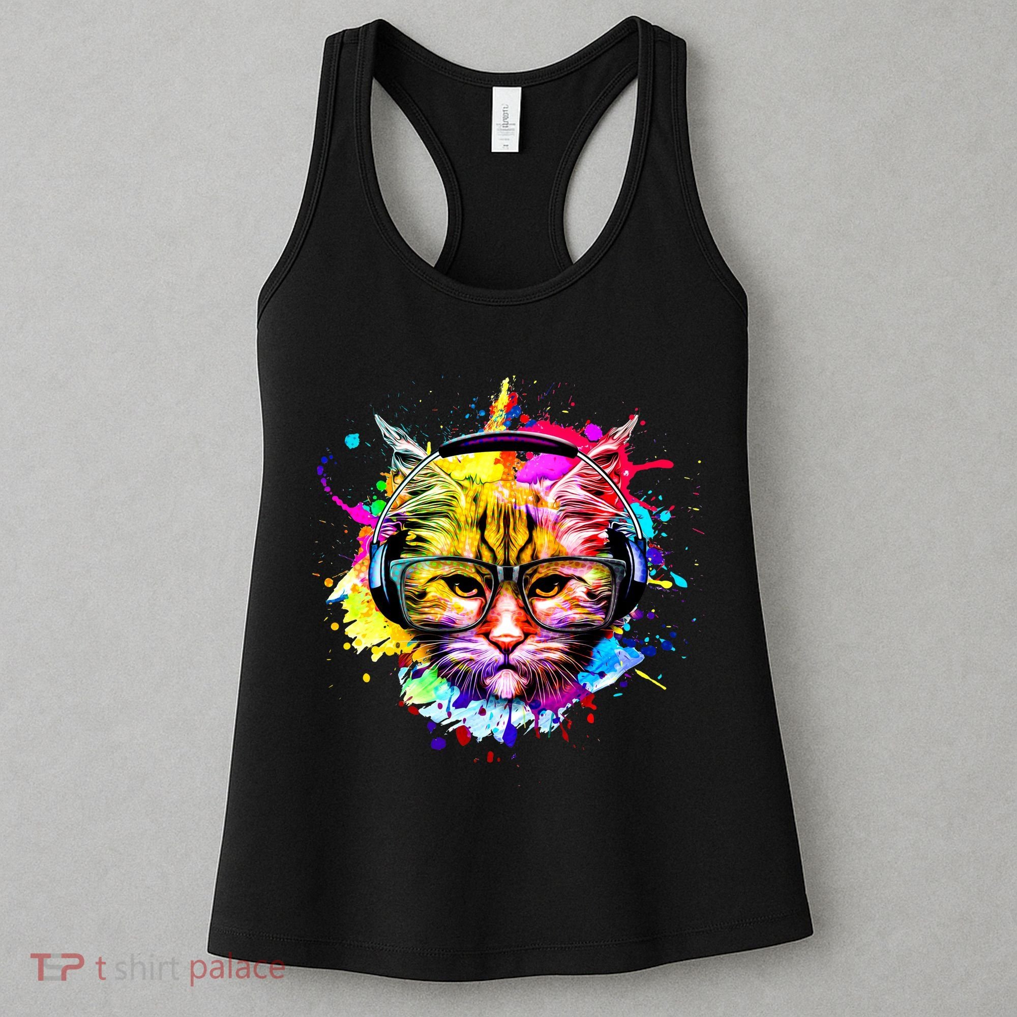 Rainbow Paint Hipster DJ Cat Women's Tank Top