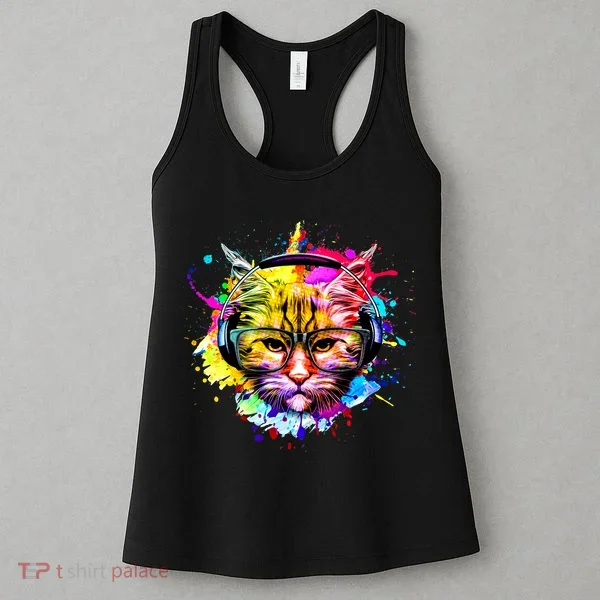 Rainbow Paint Hipster DJ Cat Women's Tank Top