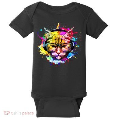 Rainbow Paint Hipster DJ Cat Baby Bodysuit