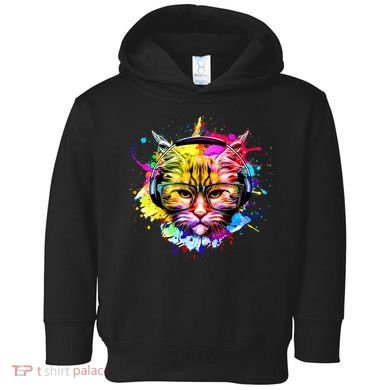 Rainbow Paint Hipster DJ Cat Toddler Hoodie