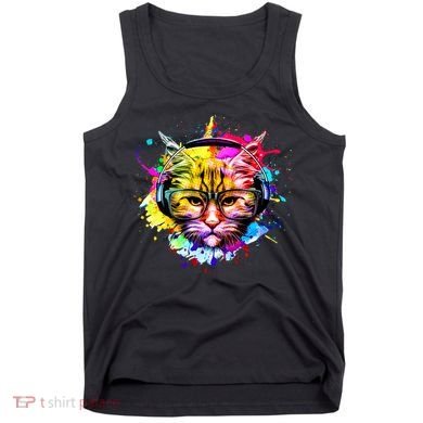 Rainbow Paint Hipster DJ Cat Tank Top