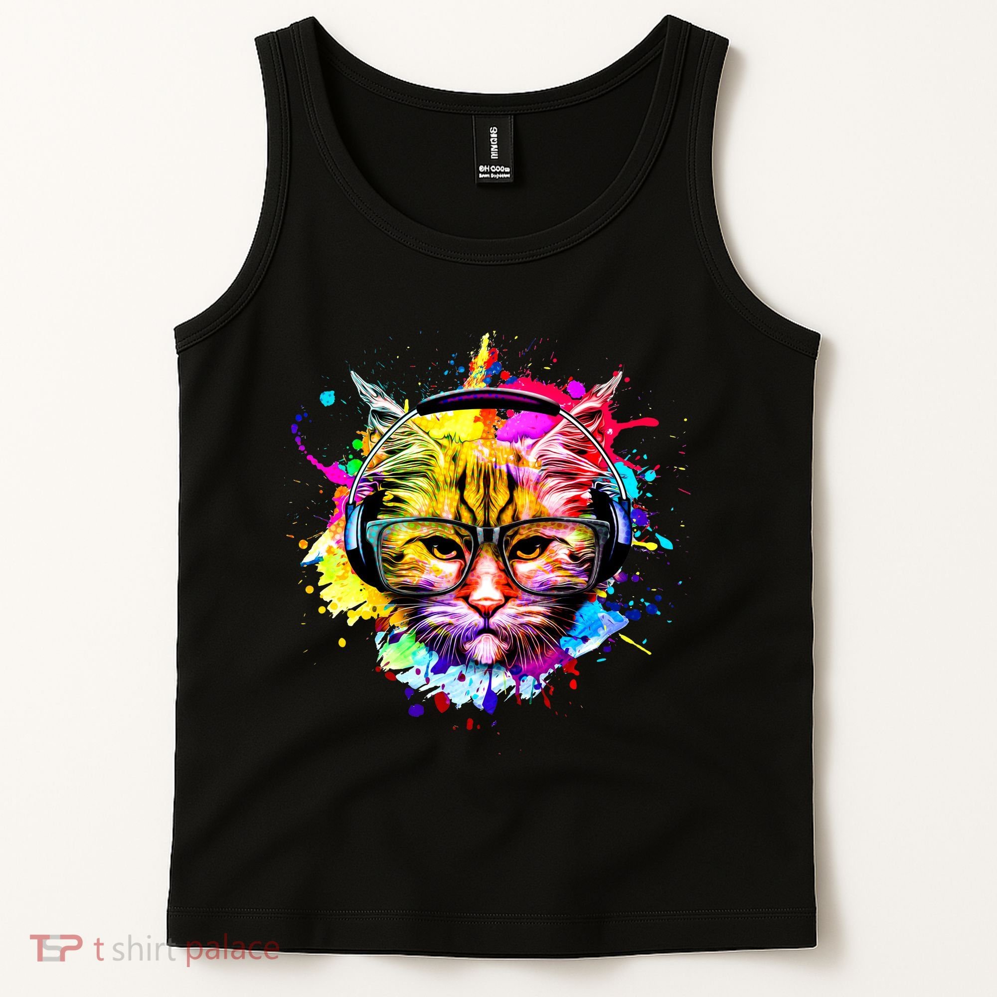 Rainbow Paint Hipster DJ Cat Tank Top