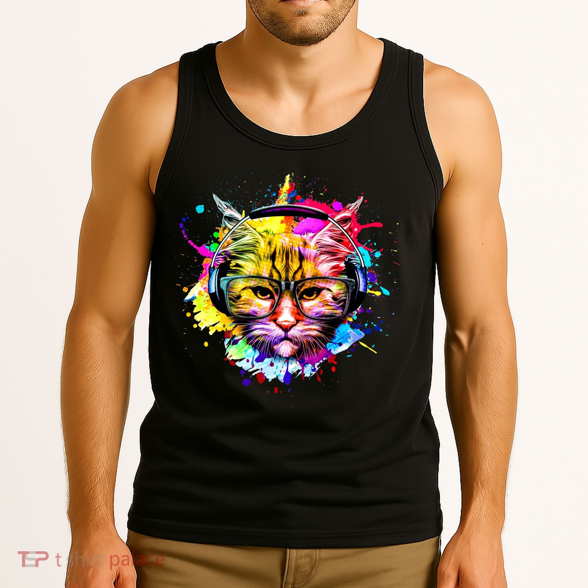 Rainbow Paint Hipster DJ Cat Tank Top