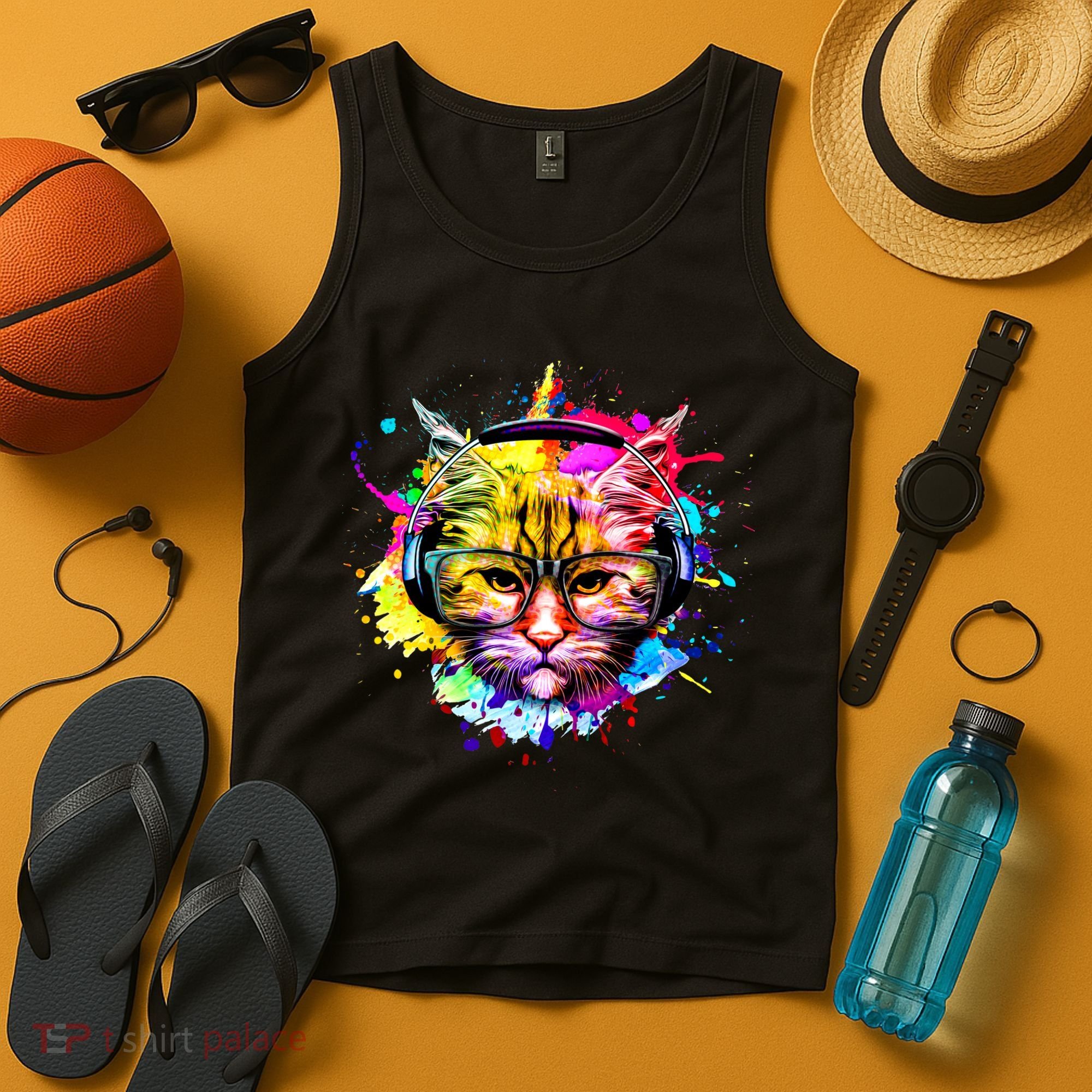 Rainbow Paint Hipster DJ Cat Tank Top
