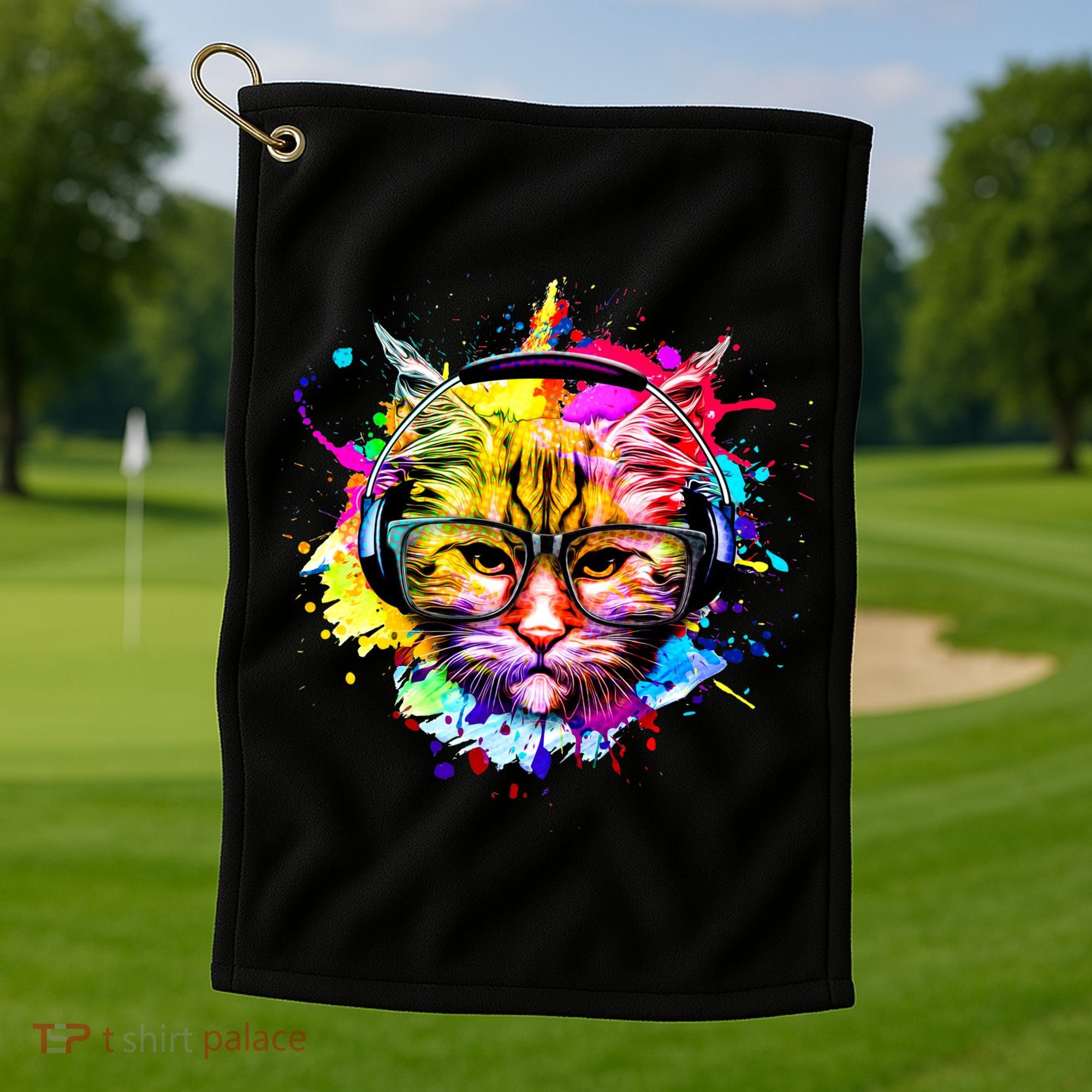Rainbow Paint Hipster DJ Cat Golf Towel