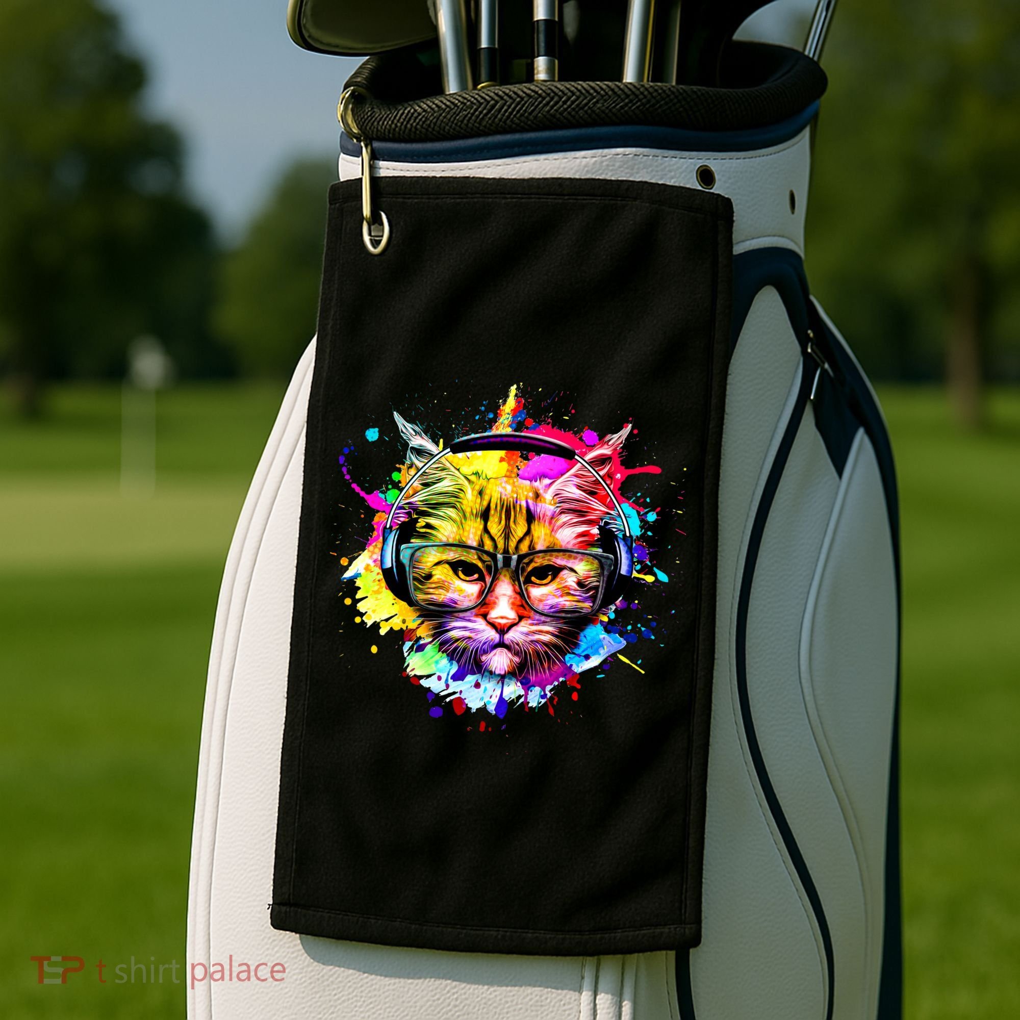 Rainbow Paint Hipster DJ Cat Golf Towel