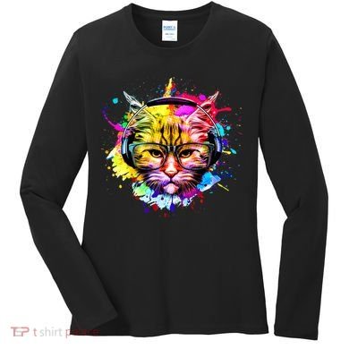 Rainbow Paint Hipster DJ Cat Women's Long Sleeve Shirt