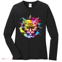 Rainbow Paint Hipster DJ Cat Women's Long Sleeve Shirt thumb 0