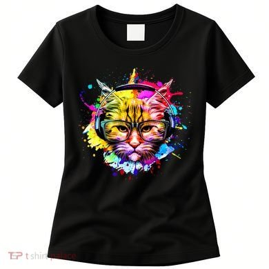 Rainbow Paint Hipster DJ Cat Women's T-Shirt