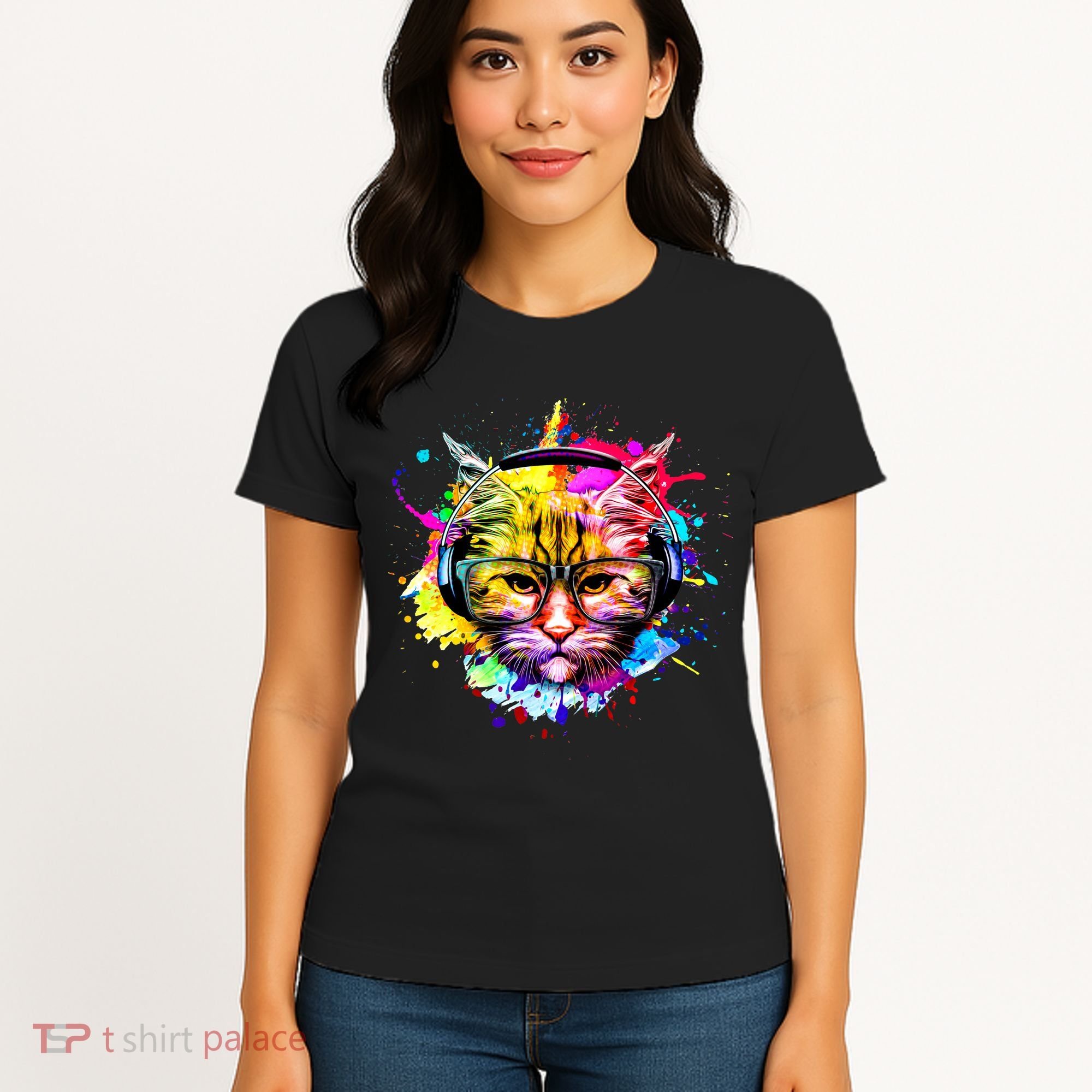Rainbow Paint Hipster DJ Cat Women's T-Shirt