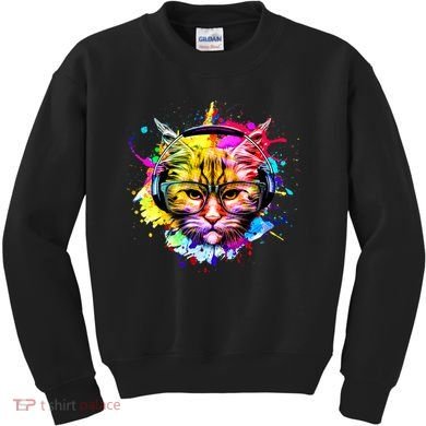 Rainbow Paint Hipster DJ Cat Kids Sweatshirt