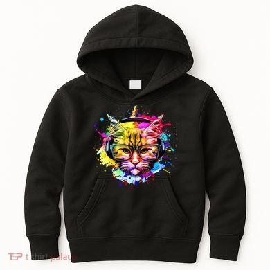 Rainbow Paint Hipster DJ Cat Kids Hoodie