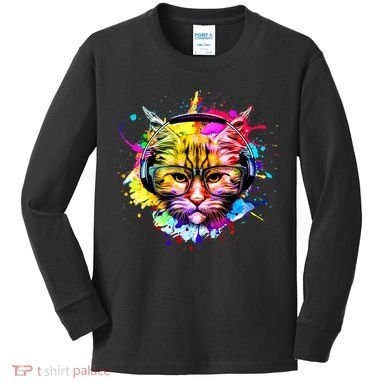 Rainbow Paint Hipster DJ Cat Kids Long Sleeve Shirt