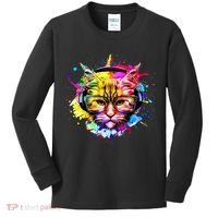 Rainbow Paint Hipster DJ Cat Kids Long Sleeve Shirt thumb 0
