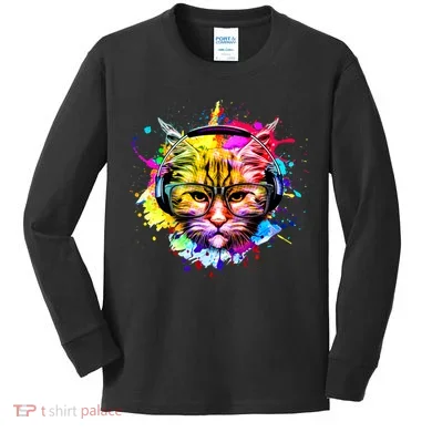 Rainbow Paint Hipster DJ Cat Kids Long Sleeve Shirt