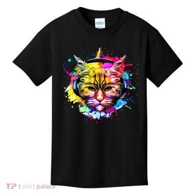 Rainbow Paint Hipster DJ Cat Kids T-Shirt